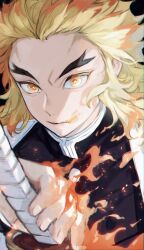 Rule 34 | 1boy, black background, blonde hair, blurry, breath weapon, breathing fire, burning, cape, colored tips, demon slayer uniform, depth of field, fighting stance, fire, forked eyebrows, hair slicked back, hand up, highres, holding, holding sword, holding weapon, katana, kimetsu no yaiba, long sleeves, looking at viewer, makoto (roketto-massyumaro), male focus, medium hair, multicolored hair, orange eyes, orange hair, parted lips, ready to draw, rengoku kyoujurou, simple background, solo, streaked hair, sword, upper body, weapon, white cape