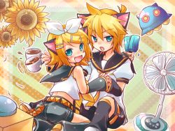 Rule 34 | 1boy, 1girl, animal ears, bad id, bad pixiv id, blonde hair, blue eyes, blush, bow, brother and sister, cat ears, flower, food, hair ornament, hair ribbon, hairclip, kagamine len, kagamine rin, kousetsu, open mouth, popsicle, ribbon, siblings, smile, twins, vocaloid
