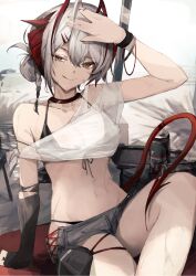 Rule 34 | 1girl, :q, ankoro mochi, arknights, arm up, bikini, black bikini, bracelet, breasts, cleavage, demon girl, demon horns, demon tail, fingerless gloves, gloves, grey hair, grey shorts, hair between eyes, highres, horns, jewelry, licking lips, looking at viewer, medium breasts, micro shorts, navel, off shoulder, shirt, short hair, shorts, single glove, solo, stomach, swimsuit, tail, tongue, tongue out, w (arknights), white shirt, yellow eyes