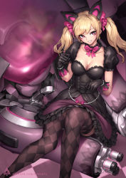 Rule 34 | 1girl, :d, argyle, argyle clothes, argyle legwear, artist name, bead bracelet, beads, black cat d.va, black dress, black gloves, black thighhighs, blonde hair, blush, bow, bowtie, bracelet, breasts, cleavage, collarbone, d.va (overwatch), detached collar, dress, earrings, feet out of frame, frilled dress, frills, gloves, grin, hair bow, highres, jewelry, large breasts, layered dress, long hair, looking at viewer, mecha, oopartz yang, open mouth, overwatch, overwatch 1, patreon username, pink bow, pink bowtie, purple eyes, robot, sitting, smile, solo, swept bangs, teeth, thighhighs, turret