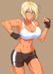 Rule 34 | 1girl, :o, abs, ahoge, bare shoulders, bike shorts, blonde hair, blue eyes, borrowed character, breasts, brown background, cleavage, collarbone, covered erect nipples, cowboy shot, dark-skinned female, dark skin, female focus, fingerless gloves, gloves, large breasts, lips, midriff, motion blur, muscular, navel, open mouth, original, punching, sami (object dump), sela (23), short hair, simple background, solo, sports bra, sweat, thighs, toned