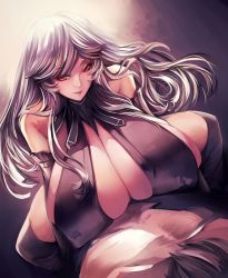 Rule 34 | 10s, bare shoulders, breasts, cleavage, clothed sex, gigantic breasts, granblue fantasy, highres, magisa (granblue fantasy), red eyes, sex, silver hair, simple background, solo focus, tahnya