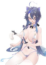Rule 34 | 1girl, absurdres, ahoge, alternate costume, animal collar, animal ears, areola slip, azur lane, bikini, black bow, blue hair, bow, breasts, collar, fake animal ears, foch (azur lane), hair between eyes, highres, holding, holding knife, knife, kuroja, large breasts, long hair, multicolored hair, nail polish, open mouth, red eyes, revealing clothes, simple background, solo, string bikini, swimsuit, tail, tail bow, tail ornament, thighhighs, two-tone hair, very long hair, white background, white bikini, white tail, white thighhighs
