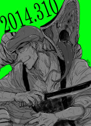 Rule 34 | ajin (sakurai gamon), closed eyes, combat knife, dated, fangs, forked tongue, green background, grin, holding, holding knife, holding weapon, knife, long tongue, looking to the side, male focus, monster, old, old man, open mouth, overalls, raku220p, saliva, satou (ajin), smile, tongue, weapon