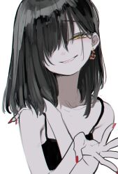 Rule 34 | 1girl, archived source, bare shoulders, black dress, black hair, dress, earrings, grin, hair over one eye, hand on own shoulder, highres, honnryou hanaru, jewelry, looking at viewer, nail polish, original, parted lips, red nails, senda aki, simple background, sketch, smile, solo, upper body, white background, yellow eyes