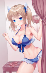 Rule 34 | 1girl, absurdres, bad id, bad pixiv id, bare shoulders, bikini, blue bikini, blue bow, blue eyes, blue nails, blue ribbon, blurry, blurry background, blush, bow, bow bikini, breasts, cleavage, collarbone, commentary request, cowboy shot, eyelashes, fingernails, frilled bikini, frills, front-tie top, gluteal fold, hair ribbon, halterneck, hand up, highres, indoors, jinker384057268, large breasts, light brown hair, looking at viewer, medium hair, nail polish, navel, original, pink sailor collar, ribbon, sailor collar, school uniform, serafuku, sideboob, sidelocks, skindentation, solo, standing, stomach, swimsuit, teeth, twintails, upper teeth only
