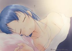 Rule 34 | 1girl, artist name, bare shoulders, blanket, blue hair, closed eyes, collarbone, kantai collection, looking at viewer, mae (maesanpicture), pillow, saliva, samidare (kancolle), sleeping, solo, swept bangs