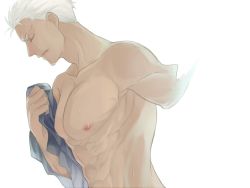 Rule 34 | 1boy, amputee, archer (fate), bad id, bad pixiv id, dark-skinned male, dark skin, fate/stay night, fate (series), male focus, muscular, pukkun-apple, simple background, solo, sweat, topless male, white hair