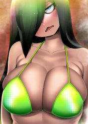 Rule 34 | 1girl, bags under eyes, bare shoulders, bikini, black hair, blue eyes, blush, breasts, commentary request, hair over one eye, hakkasame, head tilt, highres, large breasts, long bangs, long hair, open mouth, original, plump, solo, steam, sweat, swimsuit, wavy mouth, yellow bikini