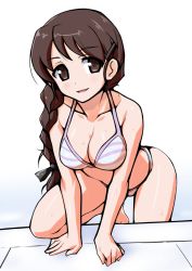 Rule 34 | 10s, 1girl, aegis (nerocc), arm support, bikini, blush, braid, brown eyes, brown hair, girls und panzer, hair ornament, hair over shoulder, hairclip, kneeling, long hair, looking at viewer, parted lips, pink bikini, rukuriri (girls und panzer), single braid, smile, solo, striped bikini, striped clothes, swimsuit, white background