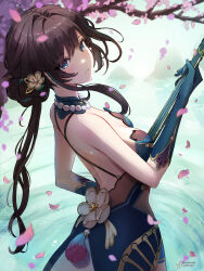 Rule 34 | 1girl, absurdres, aqua eyes, artezahn, bare shoulders, bead necklace, beads, black hair, blue dress, blue gloves, breasts, cherry blossoms, commentary, dress, gloves, hair intakes, highres, holding, holding instrument, honkai: star rail, honkai (series), instrument, jewelry, long hair, looking at viewer, medium breasts, necklace, parted lips, petals, ruan mei (honkai: star rail), solo, upper body