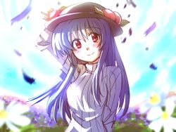 Rule 34 | 1girl, bad id, bad pixiv id, blue hair, female focus, flower, food, fruit, hat, hinanawi tenshi, koinohito, leaf, long hair, peach, red eyes, ribbed sweater, solo, sweater, torisuke (koinohito), touhou, upper body