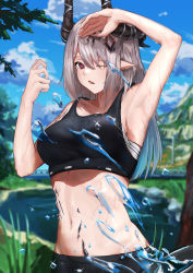 Rule 34 | 1girl, absurdres, arknights, arm up, armpits, bare arms, bare shoulders, blue sky, breasts, cloud, commentary, crop top, day, etobane, grey hair, hand up, highres, horns, large breasts, long hair, looking at viewer, material growth, midriff, mudrock (arknights), navel, one eye closed, oripathy lesion (arknights), pointy ears, red eyes, sky, solo, sports bra, stomach, upper body, very long hair, water