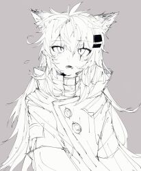 Rule 34 | 1girl, animal ears, arknights, blush, coat, grey background, hair ornament, hairclip, high collar, highres, lappland (arknights), looking at viewer, messy hair, parted lips, sato (lappysuki), scar, scar across eye, simple background, solo, upper body