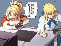 Rule 34 | &gt;:), 2girls, ahoge, angry, artoria pendragon (all), artoria pendragon (fate), bandeau, blonde hair, blue skirt, bow, clenched hand, clenched teeth, closed eyes, controller, fang, fate/apocrypha, fate/stay night, fate (series), flying sweatdrops, game console, green eyes, hair bow, jacket, jacket on shoulders, long hair, monitor, mordred (fate), mordred (fate/apocrypha), multiple girls, open mouth, parody, playstation 3, ponytail, saber (fate), seiza, shirt, sitting, skirt, sweatdrop, table, teeth, v-shaped eyebrows, white shirt, yamany