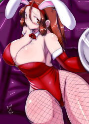 Rule 34 | animal ears, bad id, bad pixiv id, breasts, brown hair, cleavage, curvy, elbow gloves, fake animal ears, fishnet pantyhose, fishnets, gloves, huge breasts, large breasts, leotard, long hair, pantyhose, playboy bunny, rabbit ears, red eyes, solo, thighs, tray, twintails, za (artist)