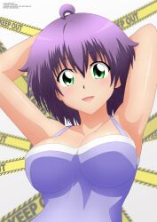 Rule 34 | 1girl, ahoge, armpits, arms behind head, breasts, caution tape, cleavage, collarbone, dress, green eyes, highres, large breasts, looking at viewer, open mouth, original, purple dress, purple hair, short hair, sleeveless, sleeveless dress, smile, solo, upper body, white background, yukino akaihi, yukino memories, zel-sama