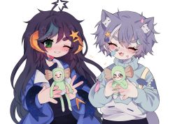 2boys animal_ears blush cat_boy cat_ears closed_eyes green_eyes hair_ornament hairclip horns indie_virtual_youtuber mina_star mole mole_under_eye multiple_boys nekosharpie one_eye_closed pale_skin purple_hair sheep_horns smile star_(symbol) star_hair_ornament stuffed_toy v veko_(vtuber) virtual_youtuber