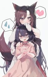 Rule 34 | 2girls, absurdres, animal ears, black hair, brown eyes, brown hair, dress, hands on another&#039;s shoulders, haruwaka 064, heart, highres, imaizumi kagerou, inaba tewi, multiple girls, pink dress, rabbit ears, rabbit girl, speech bubble, spoken heart, tail, touhou, white background, wolf ears