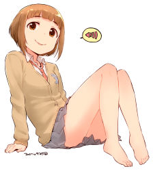 Rule 34 | 1girl, arm support, bare legs, barefoot, blunt bangs, brown cardigan, brown eyes, brown hair, cardigan, closed mouth, collared shirt, dated, dot nose, feet, full body, grey skirt, idolmaster, idolmaster cinderella girls, kitami yuzu, knees together feet apart, knees up, leaning back, looking at viewer, nagian, necktie, pleated skirt, red necktie, school uniform, shirt, short hair, sitting, skirt, smile, solo, speech bubble, tareme, tongue, tongue out, white shirt