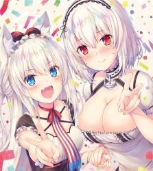 Rule 34 | 2girls, absurdres, american flag neckwear, anchor choker, animal ear fluff, animal ears, apron, azur lane, blue eyes, blush, bow, breasts, cat ears, choker, closed mouth, collarbone, commentary request, confetti, fang, fingernails, foreshortening, frilled choker, frilled sleeves, frills, hair between eyes, hair bow, hair intakes, hairband, hammann (azur lane), hand up, highres, holding hands, lace-trimmed hairband, lace trim, large breasts, lips, long hair, multiple girls, nakazawa aki, necktie, open mouth, puffy short sleeves, puffy sleeves, red bow, red eyes, shiny skin, short hair, short sleeves, simple background, sirius (azur lane), skin fang, small breasts, smile, tongue, two-tone dress, upper body, v, waist apron, white hair, wrist cuffs