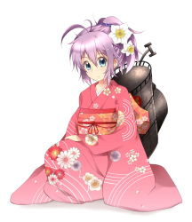 Rule 34 | 10s, 1girl, alternate costume, antenna hair, aoba (kancolle), bad id, bad pixiv id, blue eyes, flower, hair flower, hair ornament, japanese clothes, kantai collection, kimono, looking at viewer, machinery, ponytail, purple hair, sawamura aoi, seiza, sitting, smile, solo