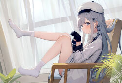 Rule 34 | 1girl, absurdres, armchair, black gloves, blush, braid, chair, closed mouth, day, detached collar, earrings, from side, gloves, grey eyes, grey hair, hat, highres, indoors, jacket, jewelry, legs up, long hair, long sleeves, looking at viewer, looking to the side, miniskirt, nijisanji, setsunelhr, side braid, sitting, skirt, socks, solo, very long hair, virtuareal, white hat, white jacket, white skirt, white socks, window