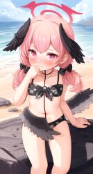 Rule 34 | 1girl, beach, bikini, black bikini, black bow, black wings, blue archive, blue sky, blush, bow, cloud, collarbone, comodomodo, covering crotch, covering privates, day, floral print, front-tie bikini top, front-tie top, hair bow, halo, head wings, highres, koharu (blue archive), koharu (swimsuit) (blue archive), looking at viewer, low wings, navel, ocean, official alternate costume, outdoors, pink eyes, pink hair, print bikini, red halo, sitting, sky, solo, swimsuit, thighs, wings