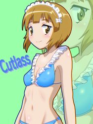 Rule 34 | 1girl, bikini, blonde hair, bob cut, breasts, character name, cleavage, cutlass (girls und panzer), frilled bikini, frills, girls und panzer, gogopaint, highres, looking at viewer, maid headdress, navel, short hair, small breasts, solo, swimsuit, yellow eyes