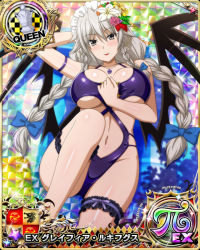 Rule 34 | 1girl, bikini, blue bow, bow, braid, breasts, card (medium), chess piece, cleavage, demon wings, female focus, flower, grayfia lucifuge, grey eyes, grey hair, hair bow, hair flower, hair ornament, high school dxd, jewelry, large breasts, long hair, looking at viewer, lying, maid headdress, matching hair/eyes, mature female, navel, necklace, official art, queen (chess), red lips, solo, swimsuit, twin braids, underboob, wings