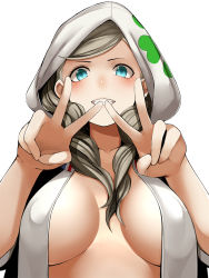 Rule 34 | blonde hair, blue eyes, breasts, double v, highres, hood, hoodie, large breasts, looking at viewer, nemu (nebusokugimi), no bra, open clothes, open shirt, persona, persona 5, smile, solo, takamaki anne, upper body, v