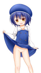 Rule 34 | 1girl, :d, absurdres, beret, blue hair, blush, cleft of venus, clothes lift, fang, female focus, gochuumon wa usagi desu ka?, hat, highres, jouga maya, lifted by self, looking at viewer, moisuto, no panties, open mouth, pussy, school uniform, shirt, short hair, simple background, skirt, skirt lift, smile, solo, standing, uncensored, white background, yellow eyes