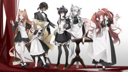Rule 34 | 1boy, 5girls, absurdres, alternate costume, angelina (arknights), animal ears, apron, archetto (arknights), arknights, black bow, black bowtie, black choker, black dress, black footwear, black hair, black jacket, black pants, black pantyhose, black umbrella, blonde hair, blue eyes, bow, bowtie, braid, braided hair rings, breasts, broom, brown eyes, brown hair, butler, cake, candle, choker, closed mouth, closed umbrella, commentary, crossed bangs, dark-skinned male, dark skin, dated commentary, dress, enmaided, food, formal, fox ears, fox girl, fox tail, frilled apron, frilled dress, frills, full body, gloves, gold footwear, green eyes, grey eyes, grey hair, grey vest, hair between eyes, hair ornament, hair ribbon, hair rings, hairclip, hand on own hip, heterochromia, high heels, highres, holding, holding candle, holding cloth, holding suitcase, holding tray, holding umbrella, jacket, juliet sleeves, kitsune, knee up, kyuubi, lappland (arknights), lion ears, lion girl, lion tail, long hair, long sleeves, looking at viewer, maid, maid apron, maid headdress, male focus, medium breasts, medium dress, messy hair, multiple girls, multiple tails, one eye closed, open mouth, orange eyes, pants, pantyhose, plate, pocket watch, ponytail, puffy short sleeves, puffy sleeves, red eyes, ribbon, shirt, shoes, short dress, short hair, short sleeves, sidelocks, simple background, sitting, sitting on table, skirt hold, standing, strawberry shortcake, suit, suit jacket, suitcase, suyi-j, suzuran (arknights), tail, texas (arknights), thighhighs, thorns (arknights), tray, twin braids, twintails, umbrella, very long hair, vest, waistcoat, watch, white apron, white background, white gloves, white headdress, white headwear, white pantyhose, white ribbon, white shirt, white thighhighs, wolf ears, wolf girl, wolf tail, zettai ryouiki