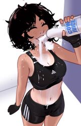 Rule 34 | 1girl, ^ ^, absurdres, adidas, bike shorts, black eyes, black hair, black shorts, black sports bra, body freckles, bottle, breasts, cleavage, closed eyes, drinking, dripping, fingerless gloves, freckles, gloves, highres, holding, holding bottle, medium breasts, messy hair, milk, milk bottle, navel, open mouth, original, pouring, pouring onto self, shorts, smile, solo, sports bra, stomach, veyonis, wet, yuna (veyonis)