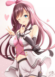 Rule 34 | 1girl, ;d, bare shoulders, black sleeves, blue eyes, blush, breasts, brown background, brown hair, commentary request, dated, detached sleeves, gradient background, hairband, hands up, heart, highres, kizuna ai, kizuna ai (elegant), kizuna ai inc., long hair, long sleeves, medium breasts, navel, one eye closed, open mouth, pink hairband, shirt, short shorts, shorts, signature, sleeveless, sleeveless shirt, smile, solo, twitter username, v, very long hair, virtual youtuber, white background, white shirt, white shorts, xenon (for achieve)