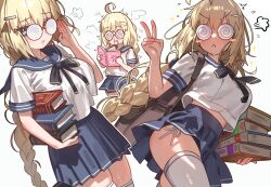 1girl aesc_(fate) aesc_(rain_witch)_(fate) ahoge alternate_costume blonde_hair blood blue_sailor_collar blue_sky blush book braid breasts coke-bottle_glasses ebora fate/grand_order fate_(series) glasses highres holding holding_book looking_at_viewer midriff multiple_views navel nosebleed panties reading round_eyewear sailor_collar school_uniform shirt side-tie_panties single_braid sky thighhighs underwear v v-shaped_eyebrows white_background white_shirt white_thighhighs