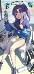 Rule 34 | 1girl, absurdres, bare legs, blue archive, blue buruma, blue eyes, blue jacket, blue shirt, boots, bottle, buruma, chair, cooler, drone, gym uniform, half updo, halo, hand up, handheld electric fan, highres, jacket, kokukyukeo, legs, long hair, looking at viewer, off shoulder, official alternate costume, open clothes, open jacket, open mouth, purple hair, shirt, sitting, solo, star (symbol), sweat, thighs, water bottle, yuuka (blue archive), yuuka (track) (blue archive)