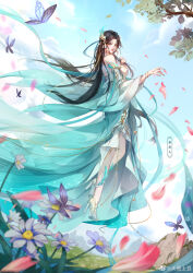 Rule 34 | 1girl, absurdres, artist request, backless dress, backless outfit, bare shoulders, blue sky, bug, butterfly, closed mouth, cloud, detached sleeves, doupo cangqiong, dress, earrings, facial mark, falling petals, floating, flower, forehead mark, glint, grass, gu xun er (doupo cangqiong), hair ornament, highres, insect, jewelry, long hair, official art, outdoors, petals, second-party source, sky, smile, solo, thighhighs, white dress, white thighhighs, yellow eyes