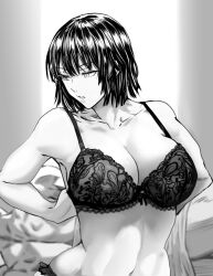 Rule 34 | 1girl, arms behind back, bare shoulders, bra, breasts, cleavage, collarbone, daraz, fubuki (one-punch man), greyscale, highres, large breasts, looking back, monochrome, navel, one-punch man, panties, parted lips, see-through, see-through bra, short hair, solo, tagme, underwear