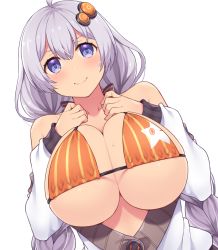 Rule 34 | 1girl, ahoge, amane hasuhito, bikini, blue eyes, braid, breasts, breasts squeezed together, closed mouth, commentary request, grey background, hair between eyes, hair ornament, hands on own chest, huge breasts, jacket, kizuna akari, large breasts, long hair, long sleeves, looking at viewer, off shoulder, open clothes, open jacket, orange bikini, silver hair, simple background, smile, solo, swimsuit, twin braids, upper body, voiceroid, white jacket
