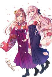 Rule 34 | 2girls, animal, black footwear, blue eyes, blush, boots, bow, brown hair, cat, character request, commentary request, cross-laced footwear, floral print, flower, full body, hair bow, hair flower, hair ornament, hairclip, hakama, hakama skirt, hand up, highres, ichinose honami (youjitsu), japanese clothes, kimono, lace-up boots, long hair, long sleeves, looking at viewer, multiple girls, official art, open mouth, petals, pink hair, purple eyes, simple background, skirt, smile, tomose shunsaku, v, white background, wide sleeves, youkoso jitsuryoku shijou shugi no kyoushitsu e