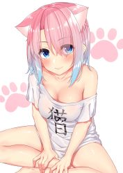 Rule 34 | 1girl, absurdres, animal ears, bare shoulders, blue eyes, blue hair, blush, breasts, butterfly sitting, cat day, cat ears, cleavage, closed mouth, clothes writing, collarbone, commentary request, go-1, gradient hair, hair between eyes, highres, looking at viewer, medium breasts, medium hair, multicolored hair, original, paw print, pink hair, shirt, short sleeves, simple background, sitting, smile, solo, t-shirt, thighs, translation request, white shirt