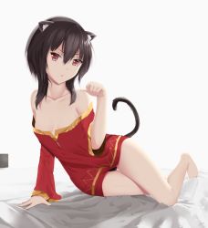 Rule 34 | animal ears, arm up, bare shoulders, bed, breasts, brown hair, cat ears, collarbone, commentary, dress, eyepatch, unworn eyepatch, gloves, unworn headgear, highres, kono subarashii sekai ni shukufuku wo!, megumin, mengo, panties, paw pose, red dress, red eyes, short hair, short hair with long locks, sidelocks, sitting, small breasts, solo, strapless, strapless dress, tail, underwear, underwear only, white background