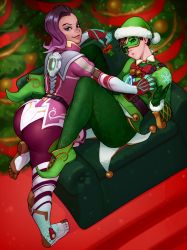 Rule 34 | 2girls, alternate color, alternate costume, arched back, ass, chest harness, christmas, christmas tree, couch, dark-skinned female, dark skin, goggles, grabbing, grabbing another&#039;s breast, harness, hat, highres, holding, holding mistletoe, indoors, jingle tracer, kairunoburogu, looking at viewer, md5 mismatch, mistletoe, multiple girls, official alternate costume, overwatch, overwatch 1, pantyhose, peppermint sombra, resolution mismatch, santa hat, sitting, sombra (overwatch), source larger, standing, tracer (overwatch), yuri