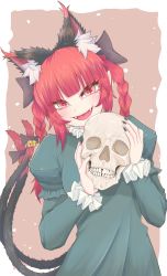 Rule 34 | 1girl, absurdres, animal ear fluff, animal ears, bell, cat ears, cat tail, cowboy shot, cube85, dress, extra ears, fangs, green dress, highres, holding, holding skull, juliet sleeves, kaenbyou rin, long sleeves, looking at viewer, multiple tails, nekomata, open mouth, pointy ears, puffy sleeves, red eyes, red hair, skull, slit pupils, smile, solo, standing, tail, tail bell, tail ornament, touhou, two tails