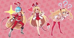 Rule 34 | 1girl, absurdres, angel, blonde hair, blue eyes, blush, bodysuit, boots, bow, bracelet, clenched hand, crop top, demon tail, demon wings, detached sleeves, disgaea, disgaea rpg, earrings, elbow gloves, fang, flat chest, flonne, flonne (fallen angel), full body, gloves, hair ornament, hairband, heart, heart hair ornament, highres, jewelry, jumping, leg ribbon, leotard, long hair, magical girl, midriff, miniskirt, multiple persona, navel, nicecream, open mouth, outstretched arm, pink bow, pink eyes, pink footwear, pink thighhighs, pointy ears, red bodysuit, red bow, red eyes, red footwear, red hairband, red leotard, ribbon, skirt, smile, solo, standing, standing on one leg, tail, tail ornament, tail ribbon, thigh boots, thigh ribbon, thighhighs, twintails, very long hair, visor, wide sleeves, wings, zettai ryouiki