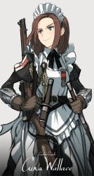 Rule 34 | 1girl, apron, armor, asterisk kome, text background, bolt action, boots, bow, brown hair, character name, commentary request, english text, gina wallace, gloves, greaves, green eyes, gun, gun on back, highres, holster, holstered, knife, lee-enfield, maid, maid apron, maid headdress, medal, original, revision, rifle, gun on back, scabbard, scope, sheath, short hair, sniper rifle, solo, sword, weapon, weapon on back