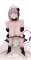Rule 34 | 1girl, bare shoulders, black gloves, breasts, brown hair, cleavage, demon girl, demon tail, gloves, hair over one eye, highres, large breasts, looking at viewer, maid headdress, nakuta, navel, nipples, original, parted lips, purple eyes, short hair, sitting, solo, tail, thighhighs, white thighhighs