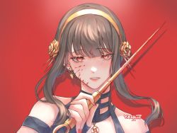 Rule 34 | 1girl, bare shoulders, black hair, blood, blood on face, bloody weapon, dagger, earrings, eyelashes, female focus, fingernails, flower, gold hairband, hair flower, hair ornament, hair stick, hairband, highres, holding, holding dagger, holding knife, holding weapon, jewelry, knife, lips, looking at viewer, nail polish, parted lips, portrait, red background, red eyes, red nails, rose, short hair, short hair with long locks, sidelocks, simple background, solo, spy x family, weapon, yashiiit 0112, yor briar