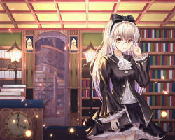 Rule 34 | 1girl, adjusting eyewear, ascot, bad id, bad pixiv id, black bow, black shirt, black skirt, blurry, book, book stack, bookshelf, bow, buttons, clock, closed mouth, collared shirt, cup6542, depth of field, expressionless, glasses, hair bow, hand up, headdress, highres, holding, holding book, indoors, lamp, layered skirt, library, light particles, long hair, long sleeves, looking to the side, miniskirt, mirror, original, partially unbuttoned, round eyewear, shirt, silver hair, skirt, solo, spiral staircase, stairs, standing, table, undershirt, white ascot, white shirt, wide sleeves, yellow eyes